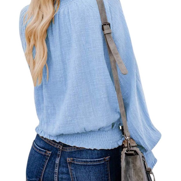 Baby blue V neck smocked Peasant Top - Picture 2 of 3